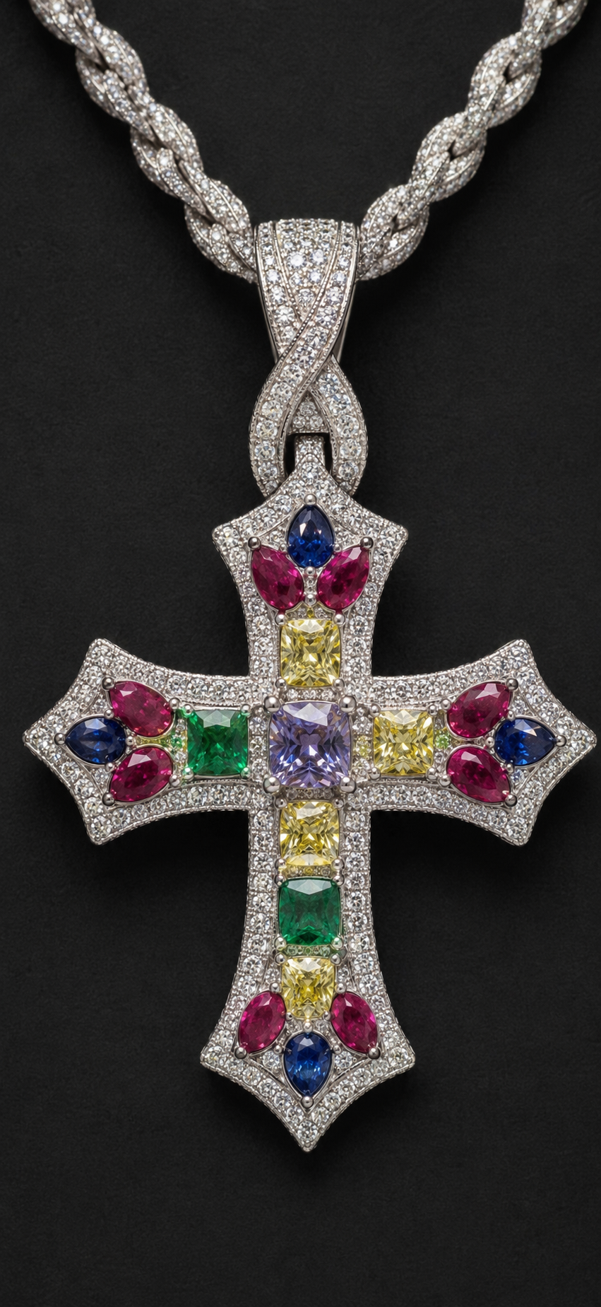 Custom diamond and multicolor gemstone cross pendant
